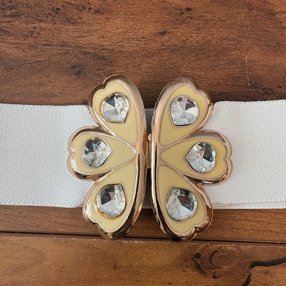 Vintage Korean White Stretch Belt With Goldtone hinestone Buckle